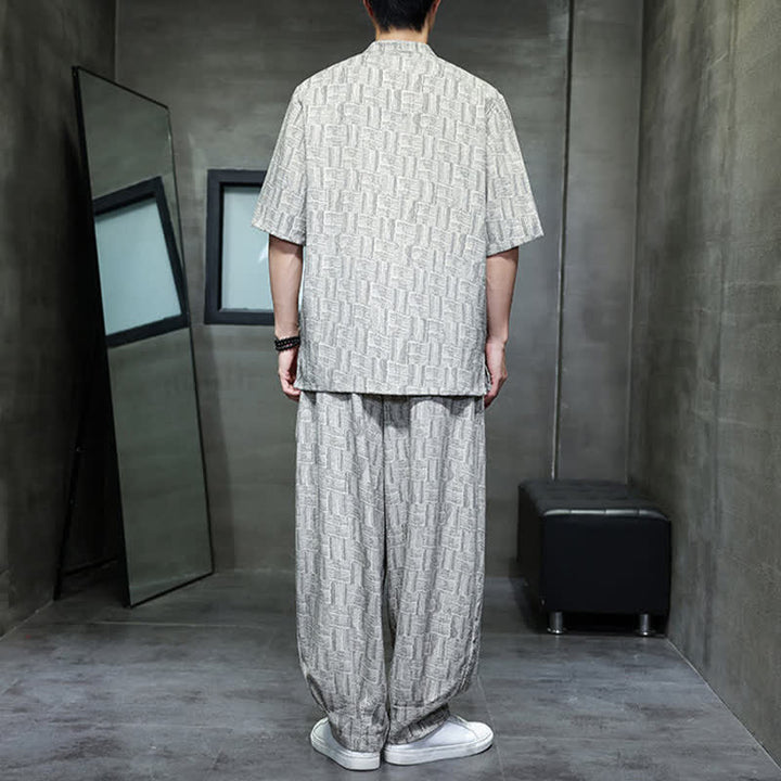 Buddha Stones 2Pcs Summer Mandarin Collar Frog Button Geometric Short Sleeve Shirt Harem Pants Men's Set With Pockets - image 12