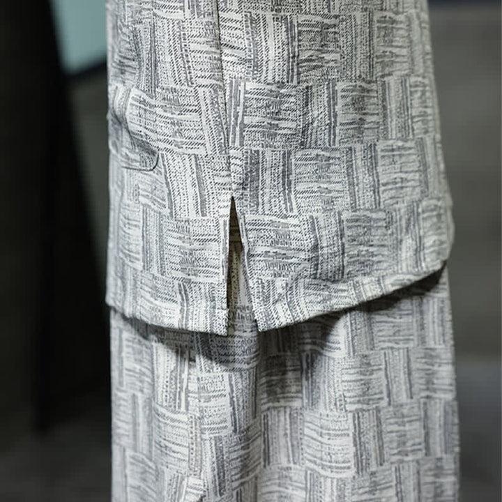 Buddha Stones 2Pcs Summer Mandarin Collar Frog Button Geometric Short Sleeve Shirt Harem Pants Men's Set With Pockets - image 22