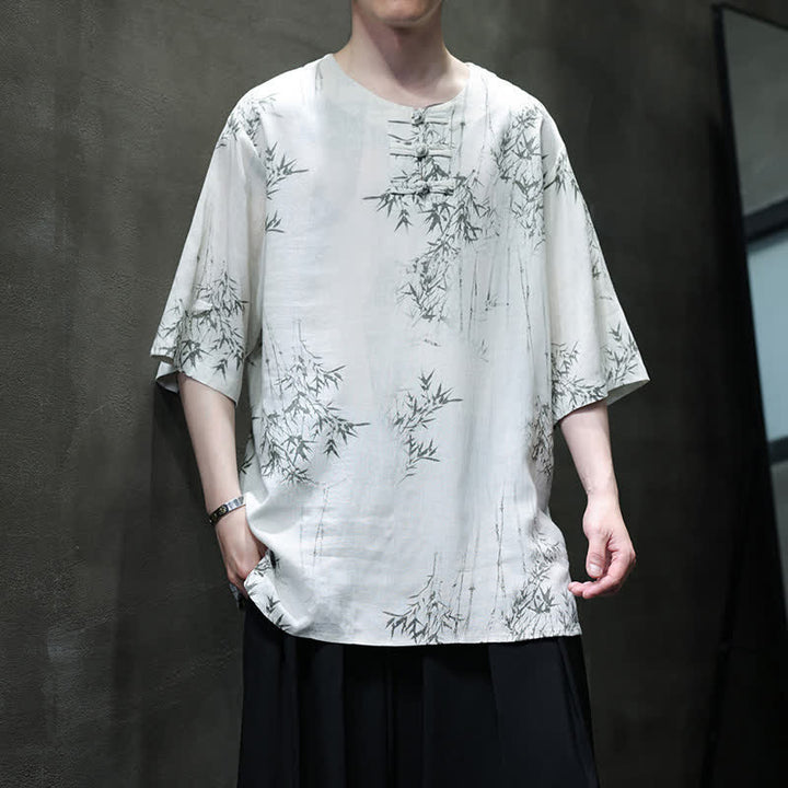 Buddha Stones Summer Tang Style Frog Button Bamboo Print Cotton Linen Men's Short Sleeve Shirt - WhiteSmoke - US/UK/AU46，EU56 (5XL) - image 0