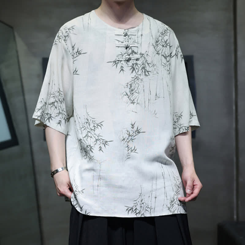 Buddha Stones Summer Tang Style Frog Button Bamboo Print Cotton Linen Men's Short Sleeve Shirt - image 2