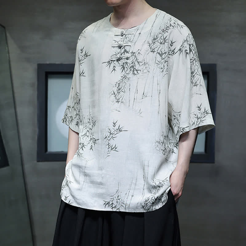 Buddha Stones Summer Tang Style Frog Button Bamboo Print Cotton Linen Men's Short Sleeve Shirt - image 3