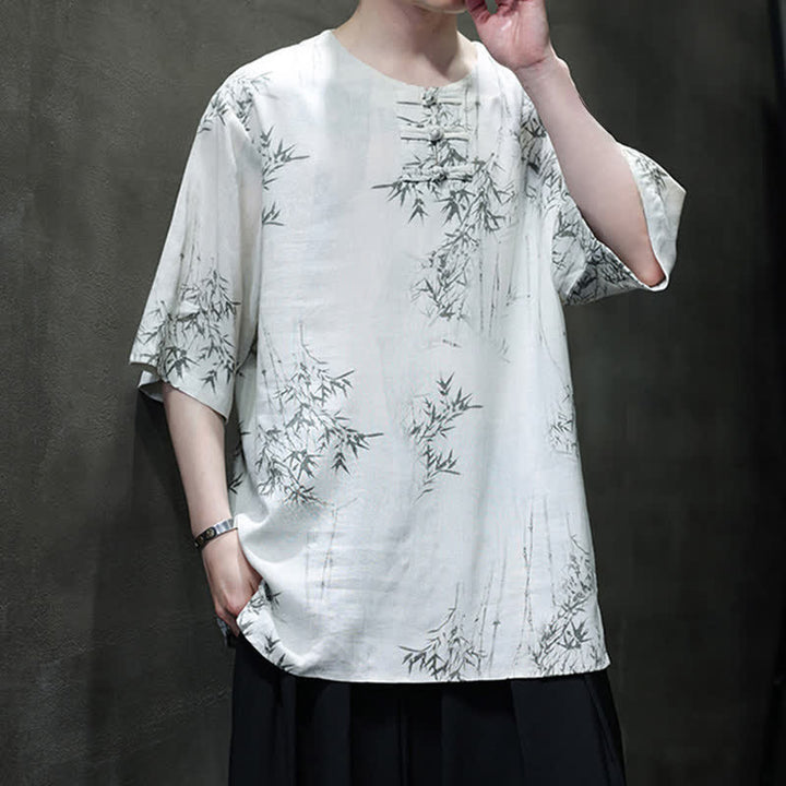Buddha Stones Summer Tang Style Frog Button Bamboo Print Cotton Linen Men's Short Sleeve Shirt - image 6