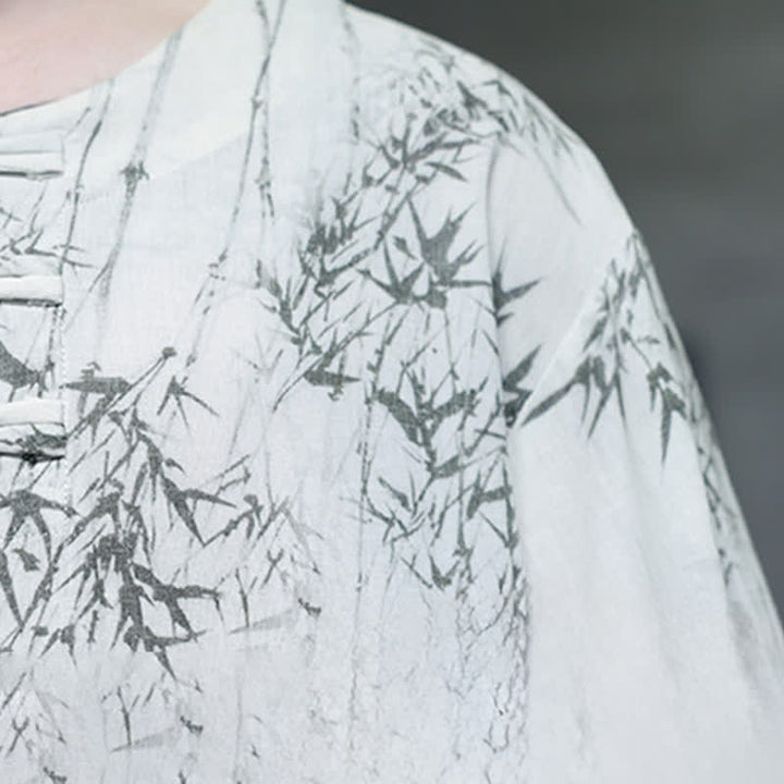 Buddha Stones Summer Tang Style Frog Button Bamboo Print Cotton Linen Men's Short Sleeve Shirt - image 9