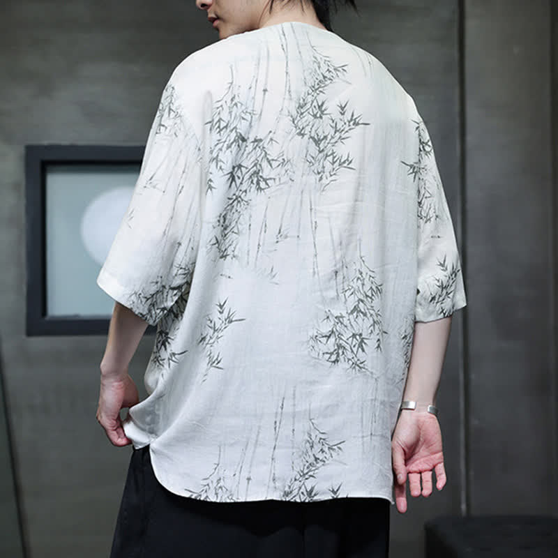 Buddha Stones Summer Tang Style Frog Button Bamboo Print Cotton Linen Men's Short Sleeve Shirt - image 4