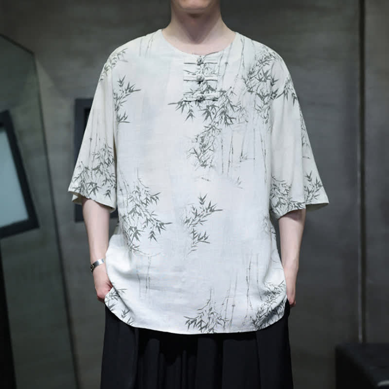 Buddha Stones Summer Tang Style Frog Button Bamboo Print Cotton Linen Men's Short Sleeve Shirt - image 1