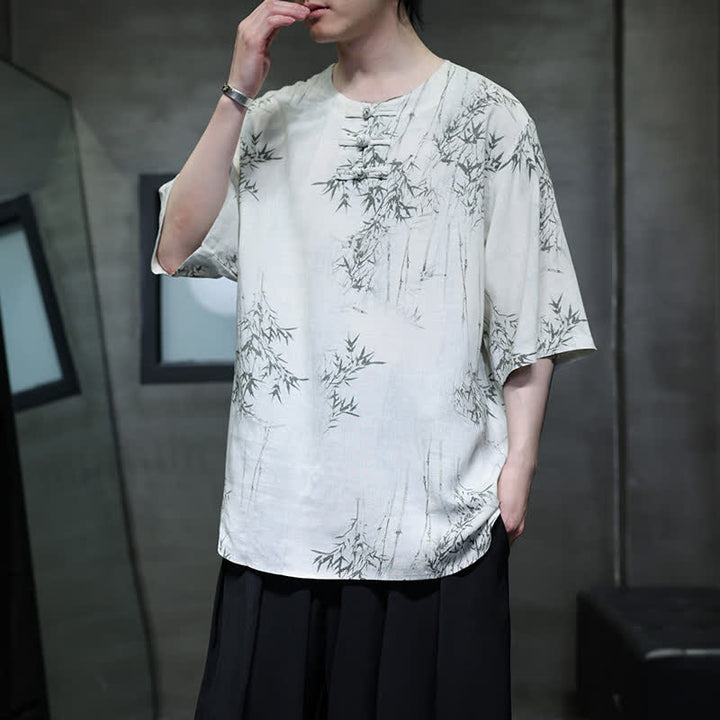 Buddha Stones Summer Tang Style Frog Button Bamboo Print Cotton Linen Men's Short Sleeve Shirt - image 7