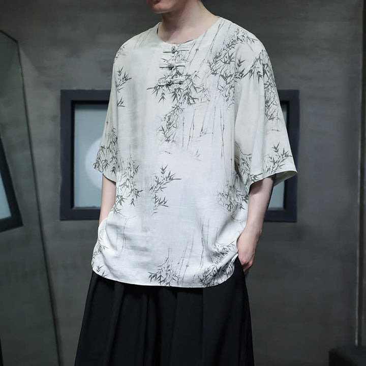 Buddha Stones Summer Tang Style Frog Button Bamboo Print Cotton Linen Men's Short Sleeve Shirt - image 8