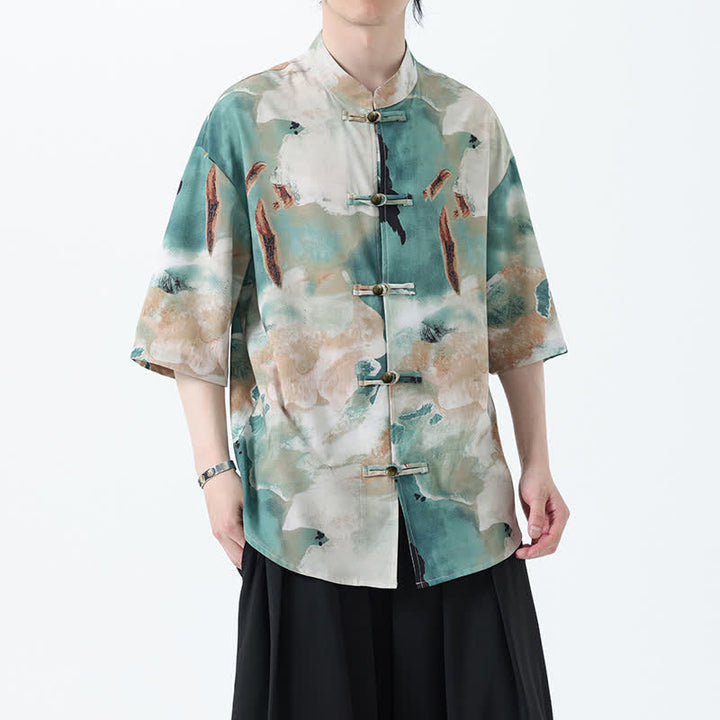 Buddha Stones Summer Tang Style Mandarin Collar Frog Button Watercolor Print Men's Short Sleeve Shirt - CadetBlue - US/UK/AU48，EU58(5XL) - image 0