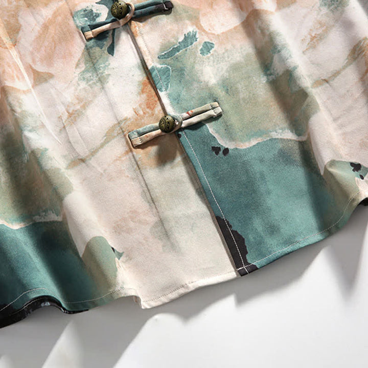 Buddha Stones Summer Tang Style Mandarin Collar Frog Button Watercolor Print Men's Short Sleeve Shirt - image 11