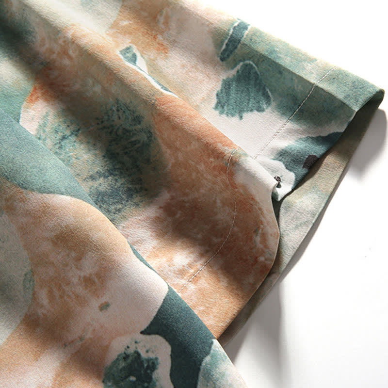 Buddha Stones Summer Tang Style Mandarin Collar Frog Button Watercolor Print Men's Short Sleeve Shirt - image 12