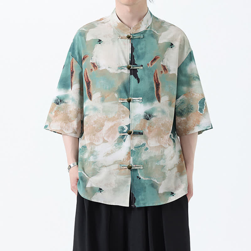 Buddha Stones Summer Tang Style Mandarin Collar Frog Button Watercolor Print Men's Short Sleeve Shirt - image 1