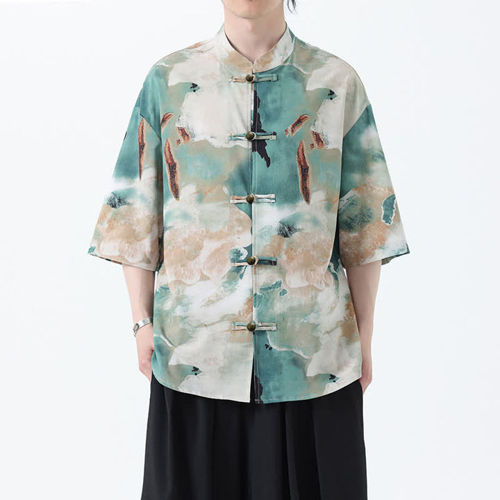 Buddha Stones Summer Tang Style Mandarin Collar Frog Button Watercolor Print Men's Short Sleeve Shirt - image 5