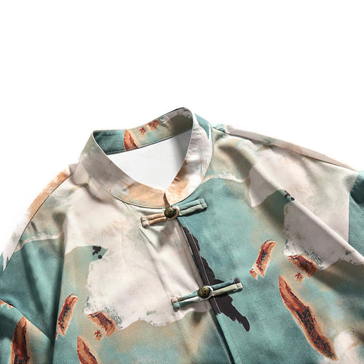 Buddha Stones Summer Tang Style Mandarin Collar Frog Button Watercolor Print Men's Short Sleeve Shirt - image 9