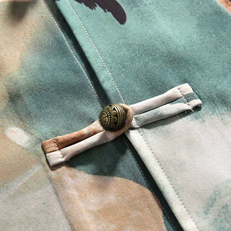 Buddha Stones Summer Tang Style Mandarin Collar Frog Button Watercolor Print Men's Short Sleeve Shirt - image 10