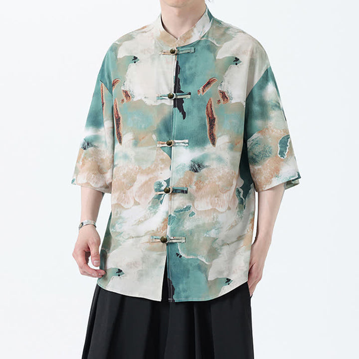 Buddha Stones Summer Tang Style Mandarin Collar Frog Button Watercolor Print Men's Short Sleeve Shirt - image 2