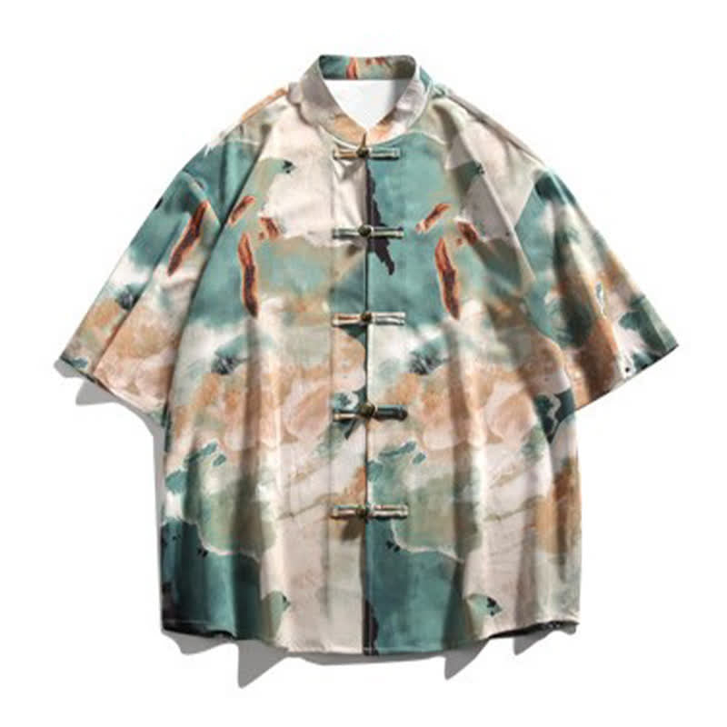 Buddha Stones Summer Tang Style Mandarin Collar Frog Button Watercolor Print Men's Short Sleeve Shirt - image 7