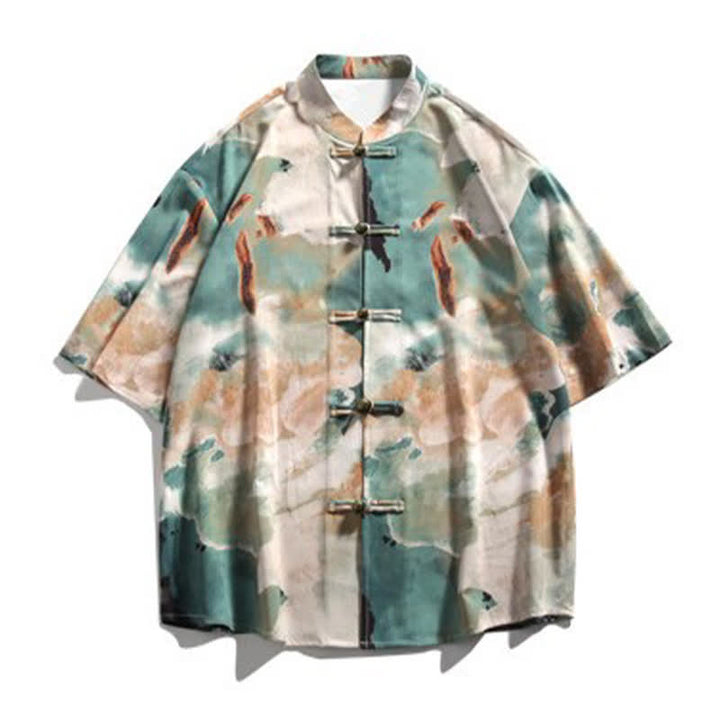 Buddha Stones Summer Tang Style Mandarin Collar Frog Button Watercolor Print Men's Short Sleeve Shirt - image 7
