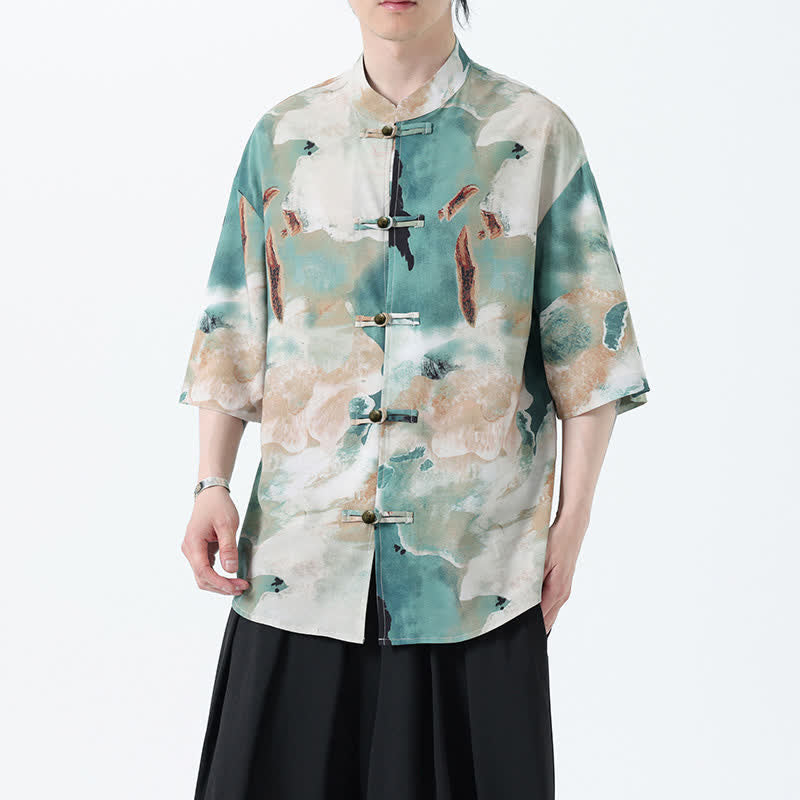 Buddha Stones Summer Tang Style Mandarin Collar Frog Button Watercolor Print Men's Short Sleeve Shirt - image 6