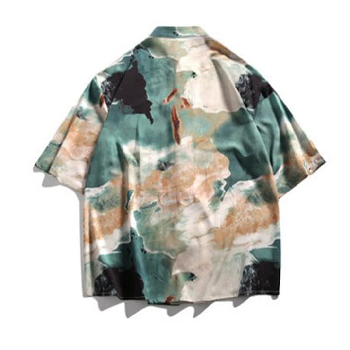 Buddha Stones Summer Tang Style Mandarin Collar Frog Button Watercolor Print Men's Short Sleeve Shirt - image 8