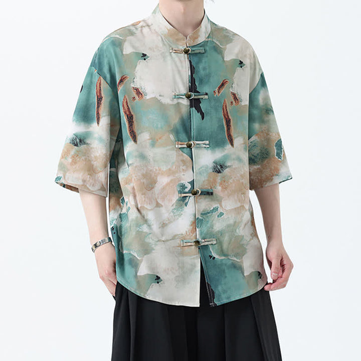 Buddha Stones Summer Tang Style Mandarin Collar Frog Button Watercolor Print Men's Short Sleeve Shirt - image 4