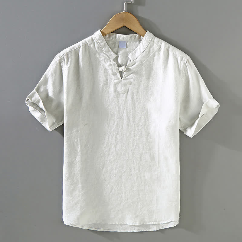 Buddha Stones Summer Casual Mandarin Collar Frog Button Solid Linen Men's Short Sleeve Shirt - WhiteSmoke - US/UK/AU42，EU52 (3XL) - image 0