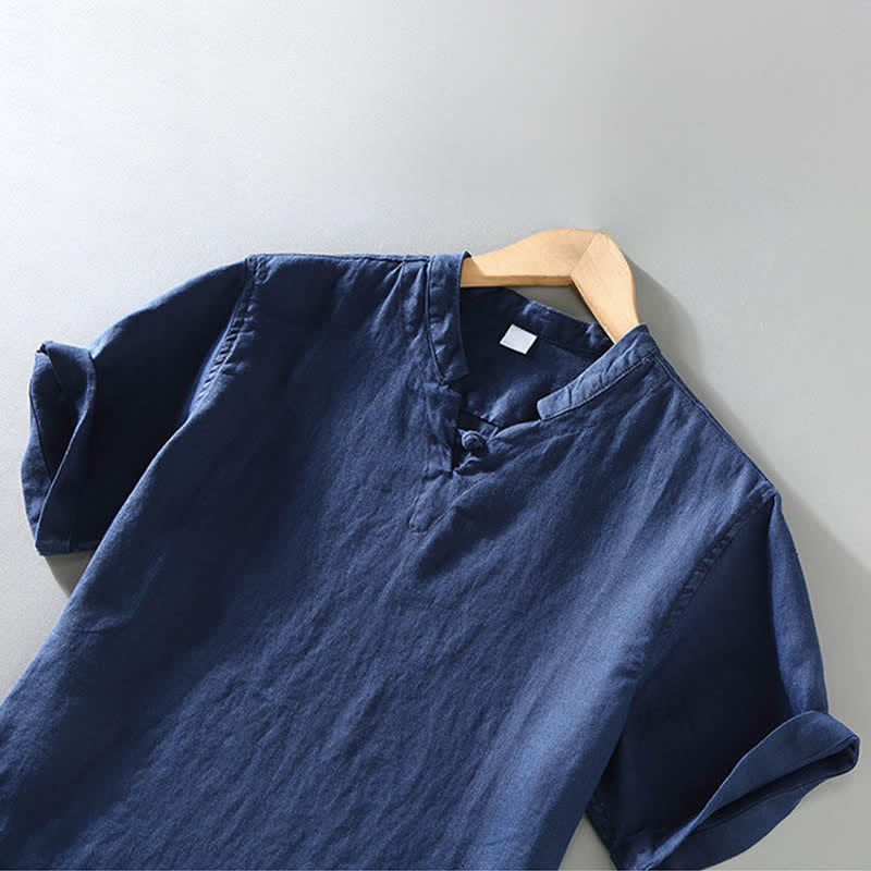 Buddha Stones Summer Casual Mandarin Collar Frog Button Solid Linen Men's Short Sleeve Shirt - image 3