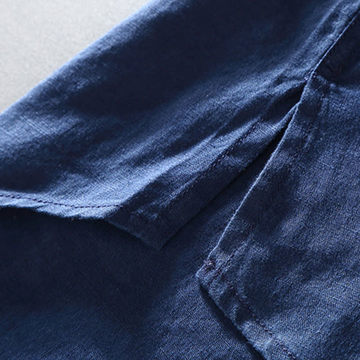 Buddha Stones Summer Casual Mandarin Collar Frog Button Solid Linen Men's Short Sleeve Shirt - image 8