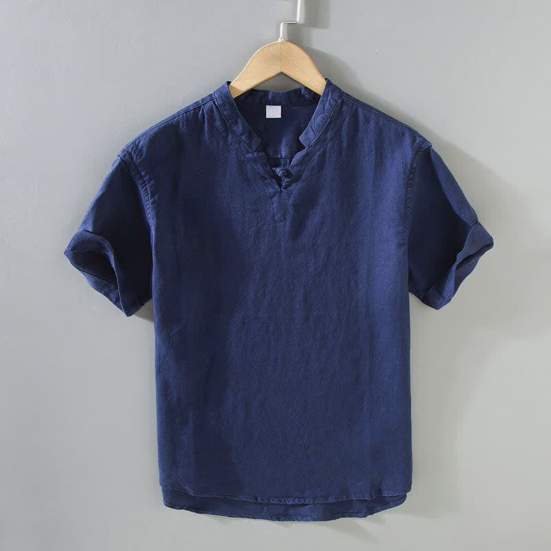 Buddha Stones Summer Casual Mandarin Collar Frog Button Solid Linen Men's Short Sleeve Shirt - MidnightBlue - US/UK/AU42，EU52 (3XL) - image 1