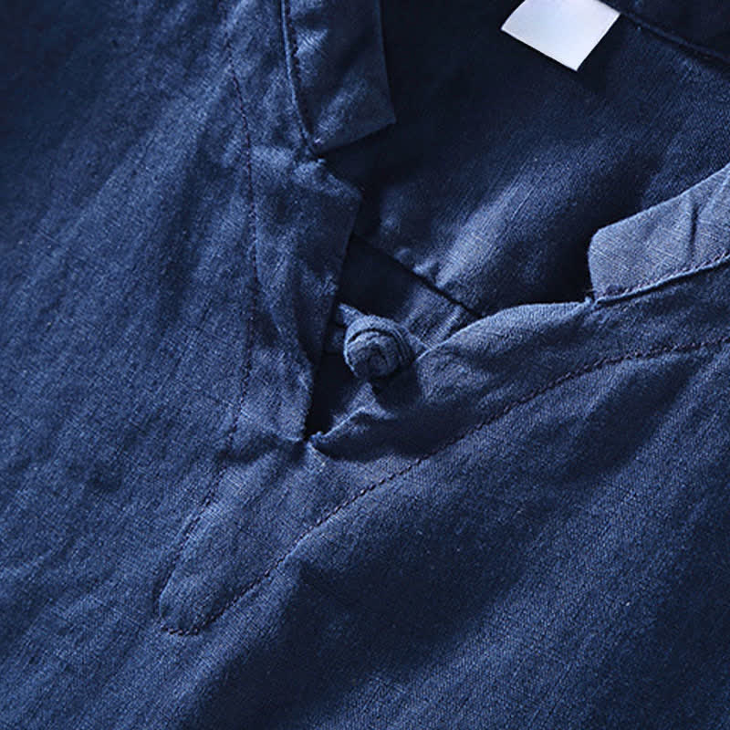 Buddha Stones Summer Casual Mandarin Collar Frog Button Solid Linen Men's Short Sleeve Shirt - image 5