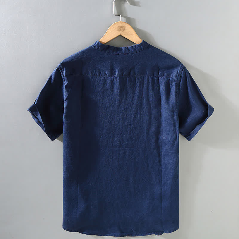 Buddha Stones Summer Casual Mandarin Collar Frog Button Solid Linen Men's Short Sleeve Shirt - image 2