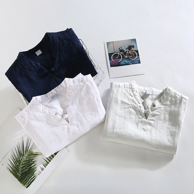 Buddha Stones Summer Casual Mandarin Collar Frog Button Solid Linen Men's Short Sleeve Shirt - image 11