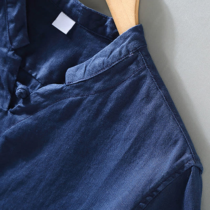 Buddha Stones Summer Casual Mandarin Collar Frog Button Solid Linen Men's Short Sleeve Shirt - image 4