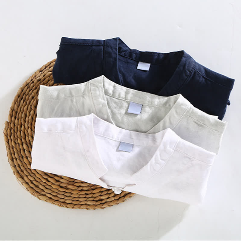 Buddha Stones Summer Casual Mandarin Collar Frog Button Solid Linen Men's Short Sleeve Shirt - image 12