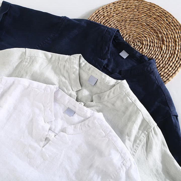 Buddha Stones Summer Casual Mandarin Collar Frog Button Solid Linen Men's Short Sleeve Shirt - image 13