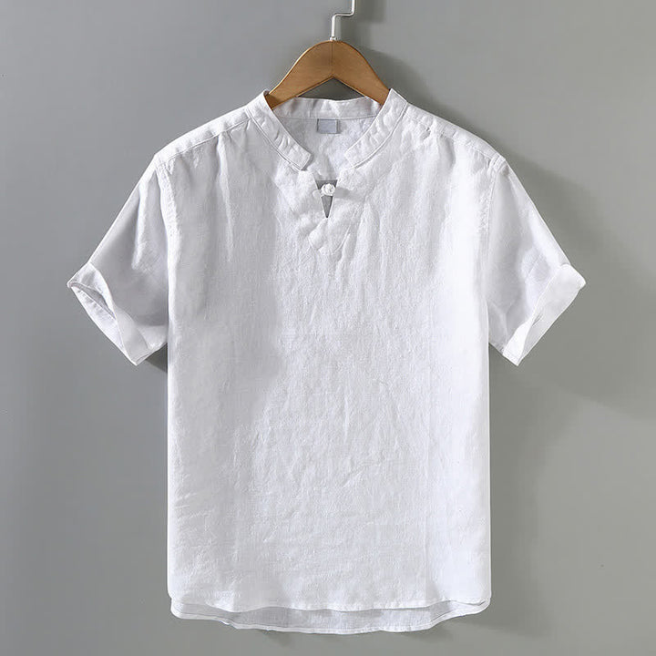 Buddha Stones Summer Casual Mandarin Collar Frog Button Solid Linen Men's Short Sleeve Shirt - White - US/UK/AU42，EU52 (3XL) - image 10