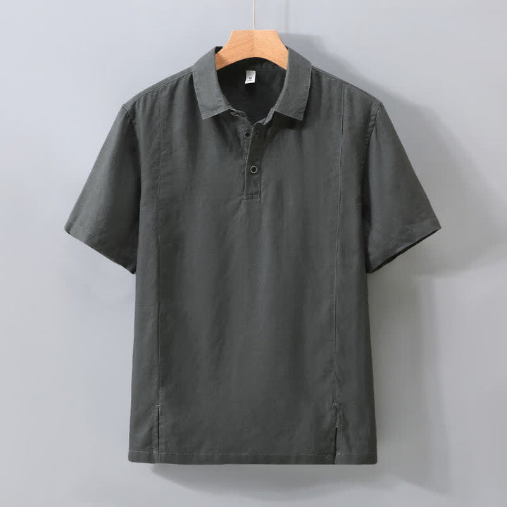 Buddha Stones Summer Minimalist Button-Up Side Slit Solid Linen Men's Short Sleeve Shirt - DimGray - US/UK/AU42，EU52 (3XL) - image 8