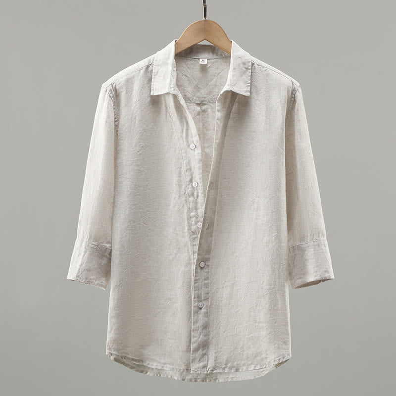 Buddha Stones Spring Minimalist Button-Up Solid Linen Men's Three-Quarter Sleeve Shirt - Linen - US/UK/AU42，EU52 (3XL) - image 0