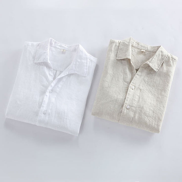 Buddha Stones Spring Minimalist Button-Up Solid Linen Men's Three-Quarter Sleeve Shirt - image 11