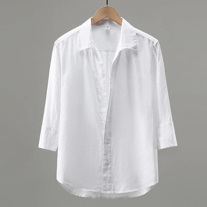 Buddha Stones Spring Minimalist Button-Up Solid Linen Men's Three-Quarter Sleeve Shirt - White - US/UK/AU42，EU52 (3XL) - image 1