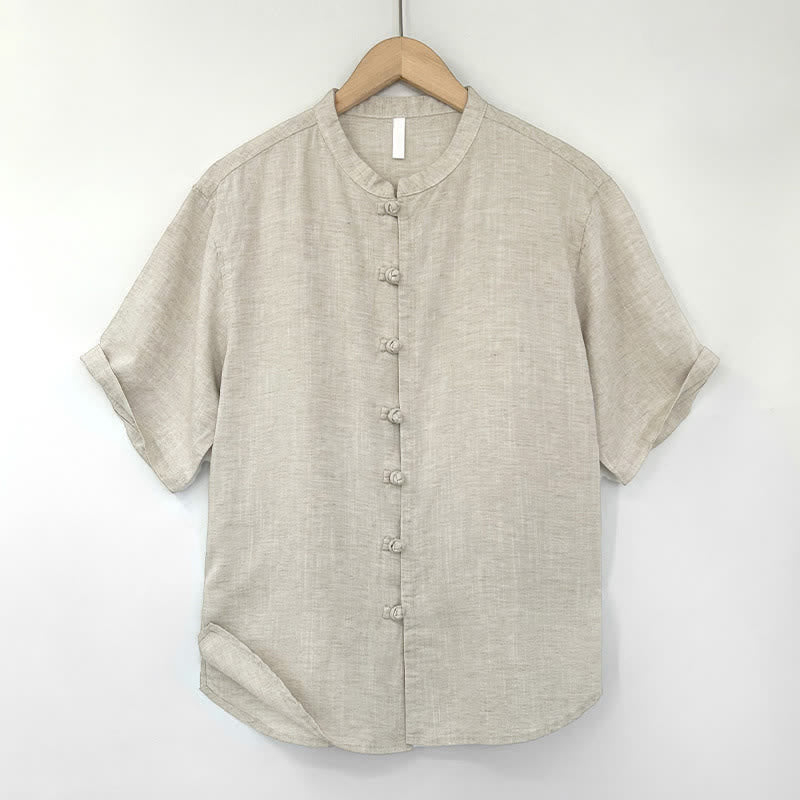 Buddha Stones Summer Minimalist Mandarin Collar Frog Button Solid Men's Short Sleeve Shirt - Beige - US/UK/AU44，EU54 (4XL) - image 0