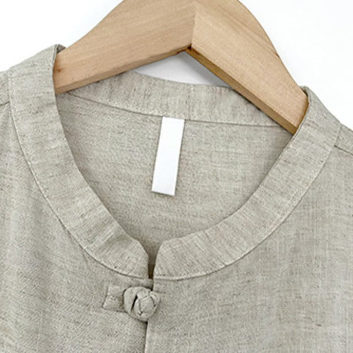 Buddha Stones Summer Minimalist Mandarin Collar Frog Button Solid Men's Short Sleeve Shirt - image 2