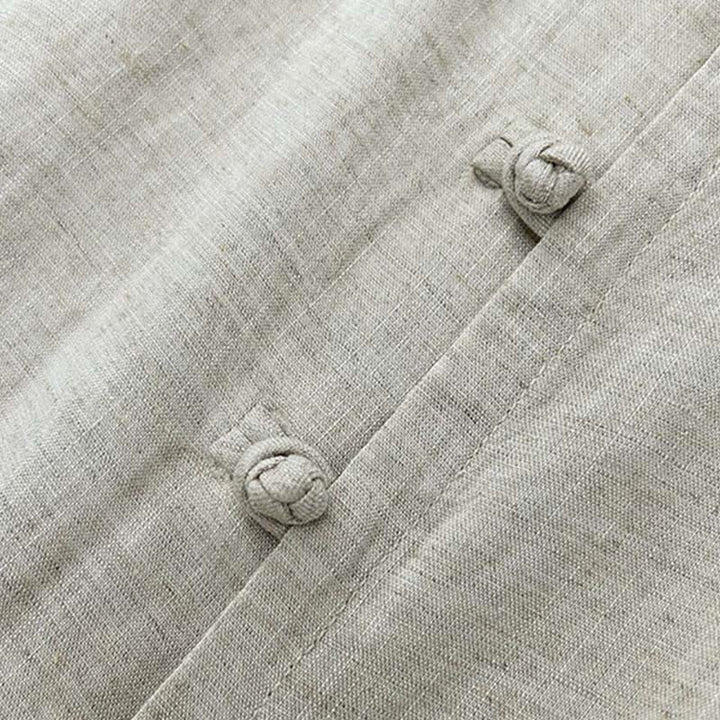 Buddha Stones Summer Minimalist Mandarin Collar Frog Button Solid Men's Short Sleeve Shirt - image 3