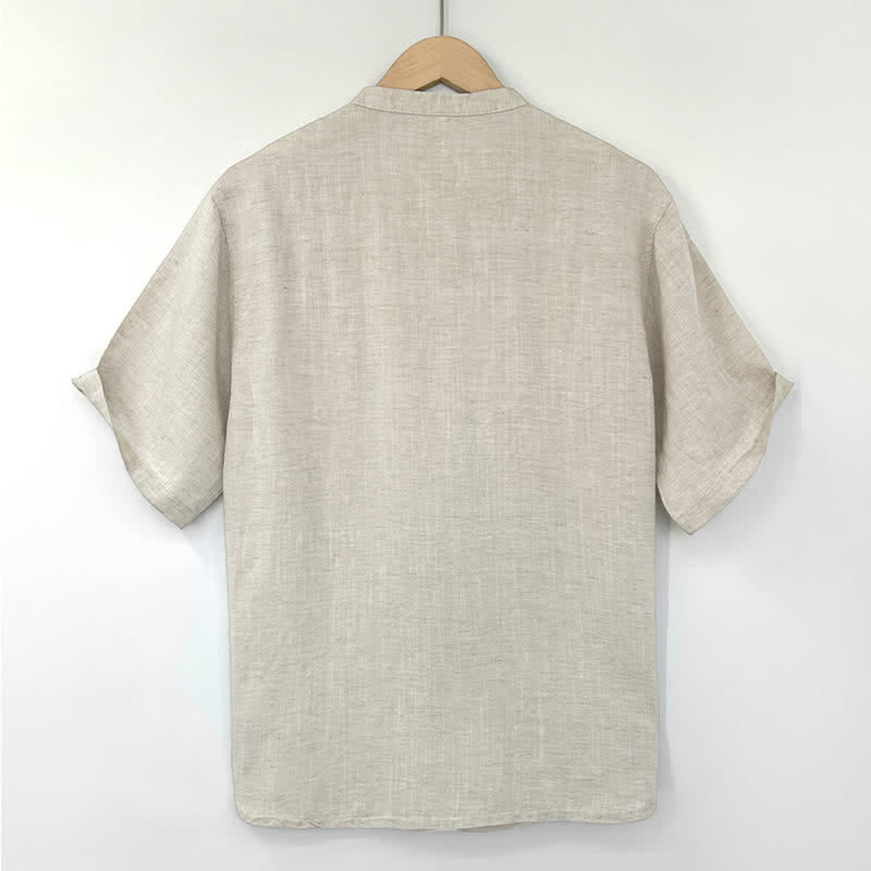 Buddha Stones Summer Minimalist Mandarin Collar Frog Button Solid Men's Short Sleeve Shirt - image 1