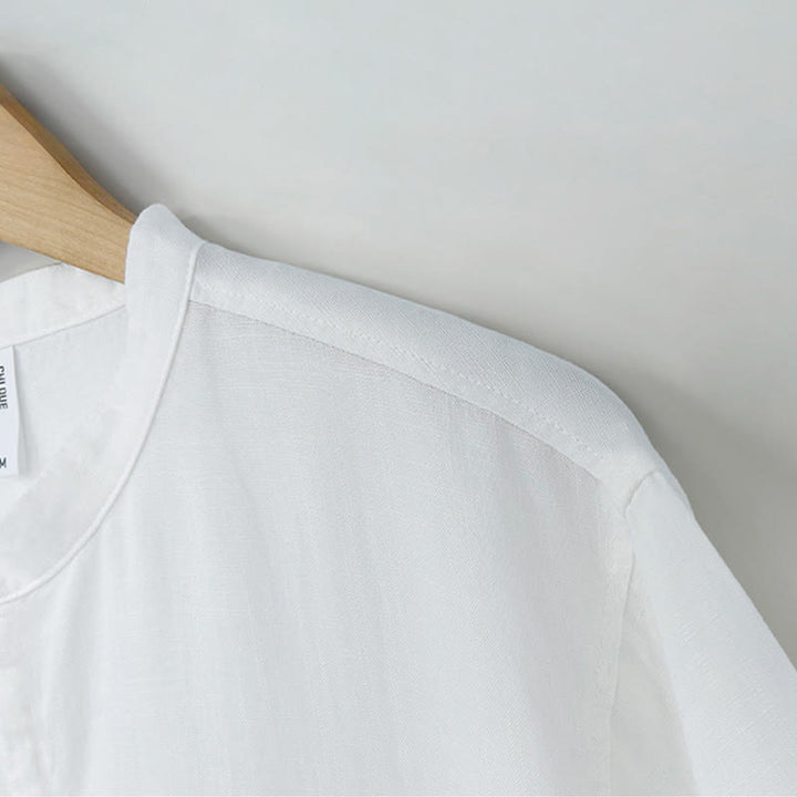 Buddha Stones Summer Minimalist Mandarin Collar Frog Button Solid Men's Short Sleeve Shirt - image 12