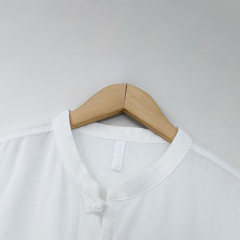 Buddha Stones Summer Minimalist Mandarin Collar Frog Button Solid Men's Short Sleeve Shirt - image 10