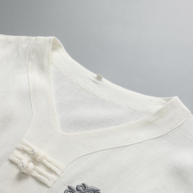 Buddha Stones Summer Solid Frog Button V-neck Auspicious Cloud Embroidery Cotton Linen Men's Short Sleeve Shirt - image 2