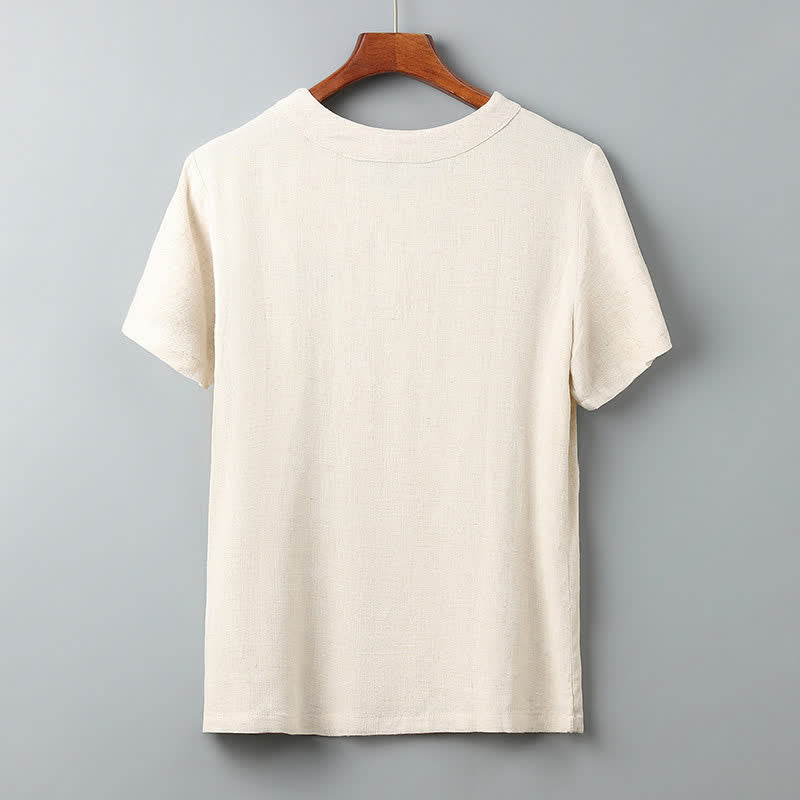 Buddha Stones Summer Solid Frog Button V-neck Auspicious Cloud Embroidery Cotton Linen Men's Short Sleeve Shirt - image 1