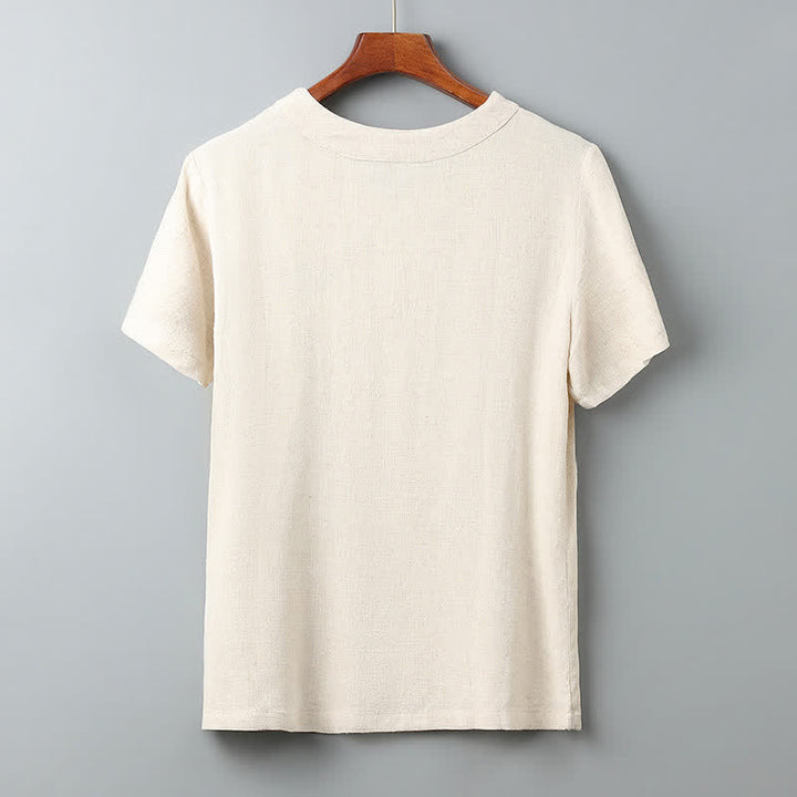 Buddha Stones Summer Solid Frog Button V-neck Auspicious Cloud Embroidery Cotton Linen Men's Short Sleeve Shirt - image 1