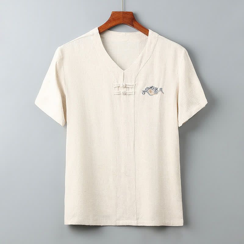 Buddha Stones Summer Solid Frog Button V-neck Auspicious Cloud Embroidery Cotton Linen Men's Short Sleeve Shirt - Linen - US/UK/AU38，EU48 (XL) - image 0