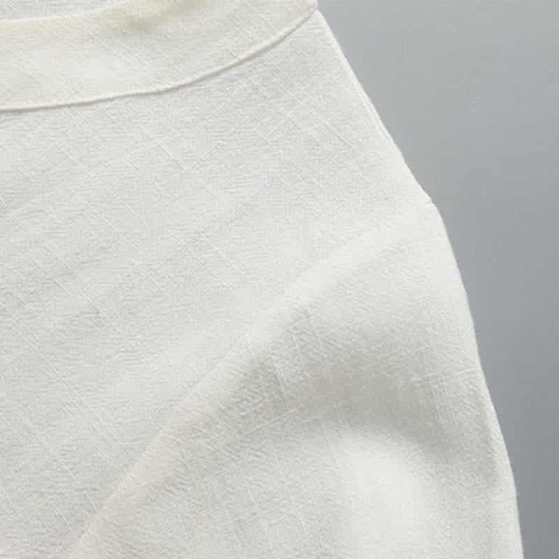 Buddha Stones Summer Solid Frog Button V-neck Auspicious Cloud Embroidery Cotton Linen Men's Short Sleeve Shirt - image 5